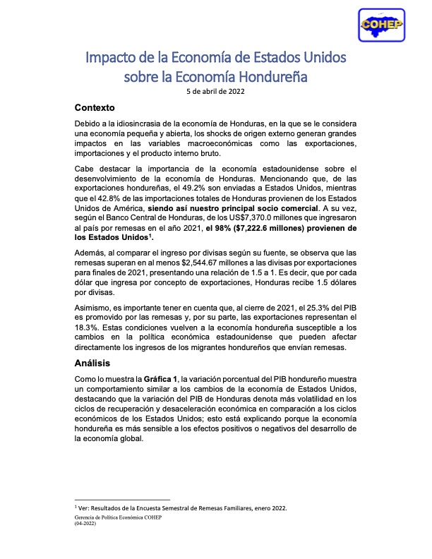 Paper – Impacto de la Economía de Estados Unidos sobre la Economía Hondureña