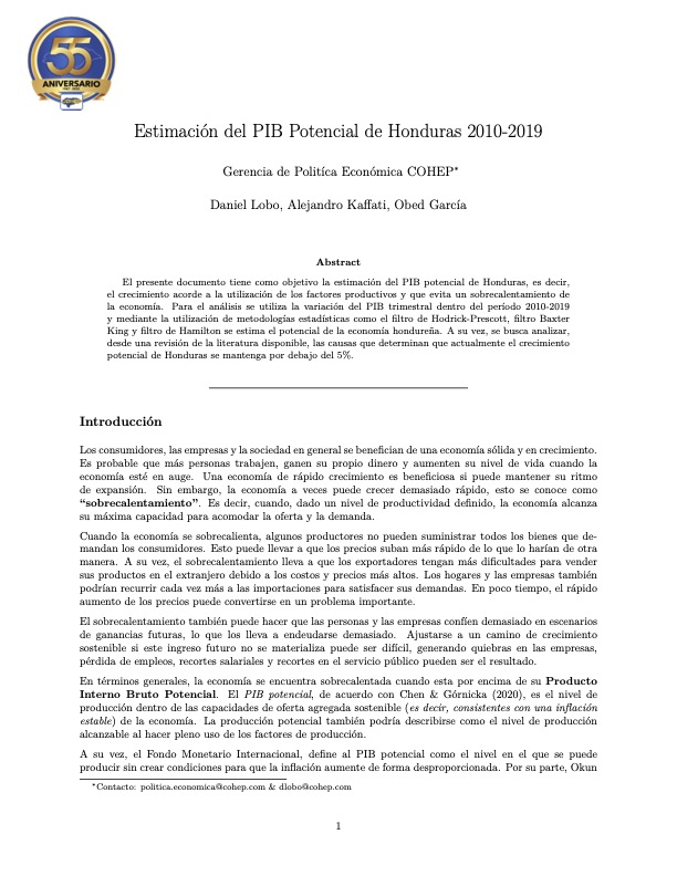 Paper – Estimación del PIB Potencial de Honduras 2010-2019